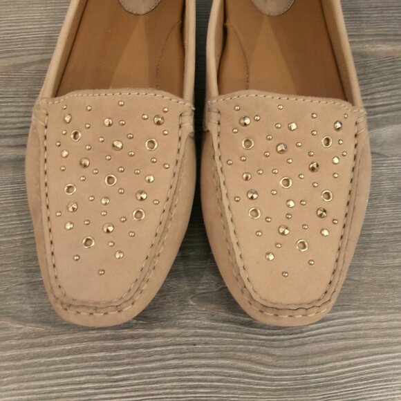 Like New Clarks Artisan Suede Leather Tan Driving Loafers with Gold Studs 9 - Picture 2 of 15